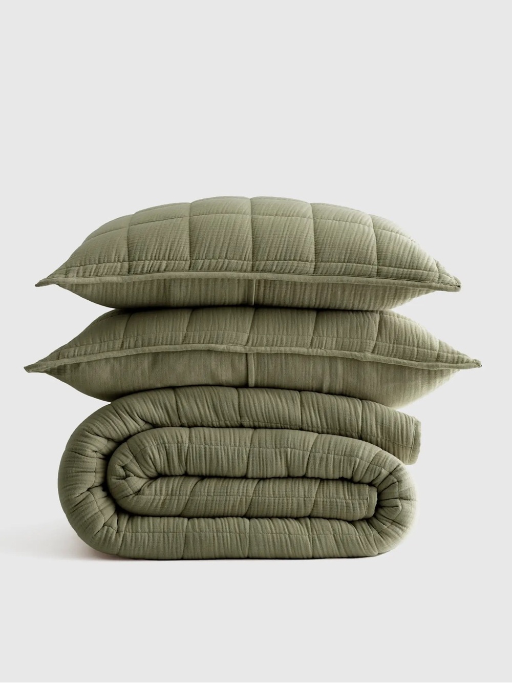 QUINCE Organic Cotton Gauze Box Quilt Set Full/Queen Olive 0785